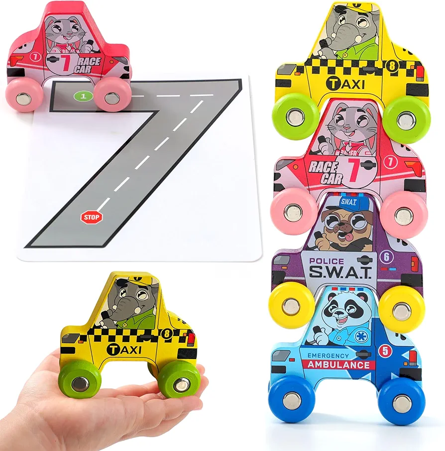 BEKILOLE Jumbo Animal Cars 4 Piece Stacking Wooden Car Playset for Toddlers| Preschool Learning Toys for Boys & Girls | Birthday Gifts for 1 Year Old and Up | 4 Wooden Cars with Numbers Flashcards