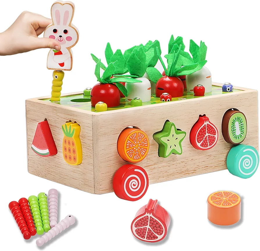 Montessori Wooden Educational Toys for 1 2 3 4 Year Old Baby Boys Girls, Wood Carrot Harvest Orchard Car Shape Sorting Toys 1st Birthday Gifts for Kids Toddlers, Preschool Learning Fine Motor Skills