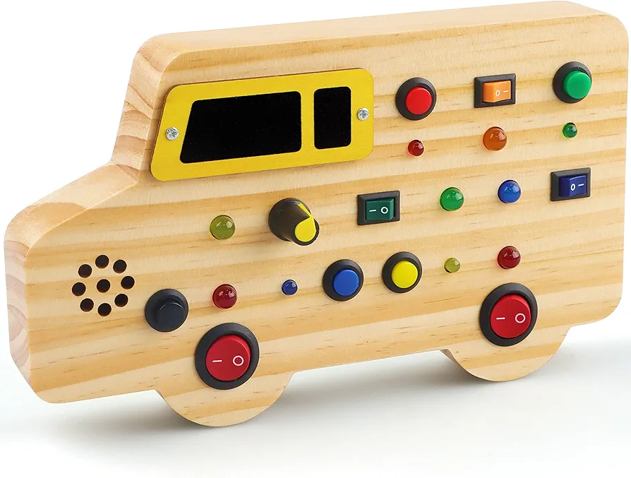 Wooden Toddler Toys Montessori Busy Board, Sensory Toys with Light up LED Sounds Buttons Wooden Car Kids Toys, Montessori Toys for 1+ Year Old Boy/Girl Stocking Stuffers