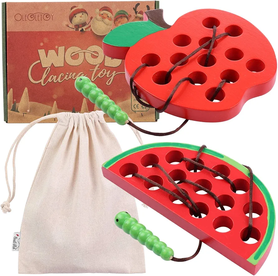 KLT Lacing Toy for Toddlers, Wooden Threading Toys, 1 Apple and 1 Watermelon with Bag, Educational and Learning Montessori Activity for Baby and Kids, Great Car and Plane Puzzle Travel Games