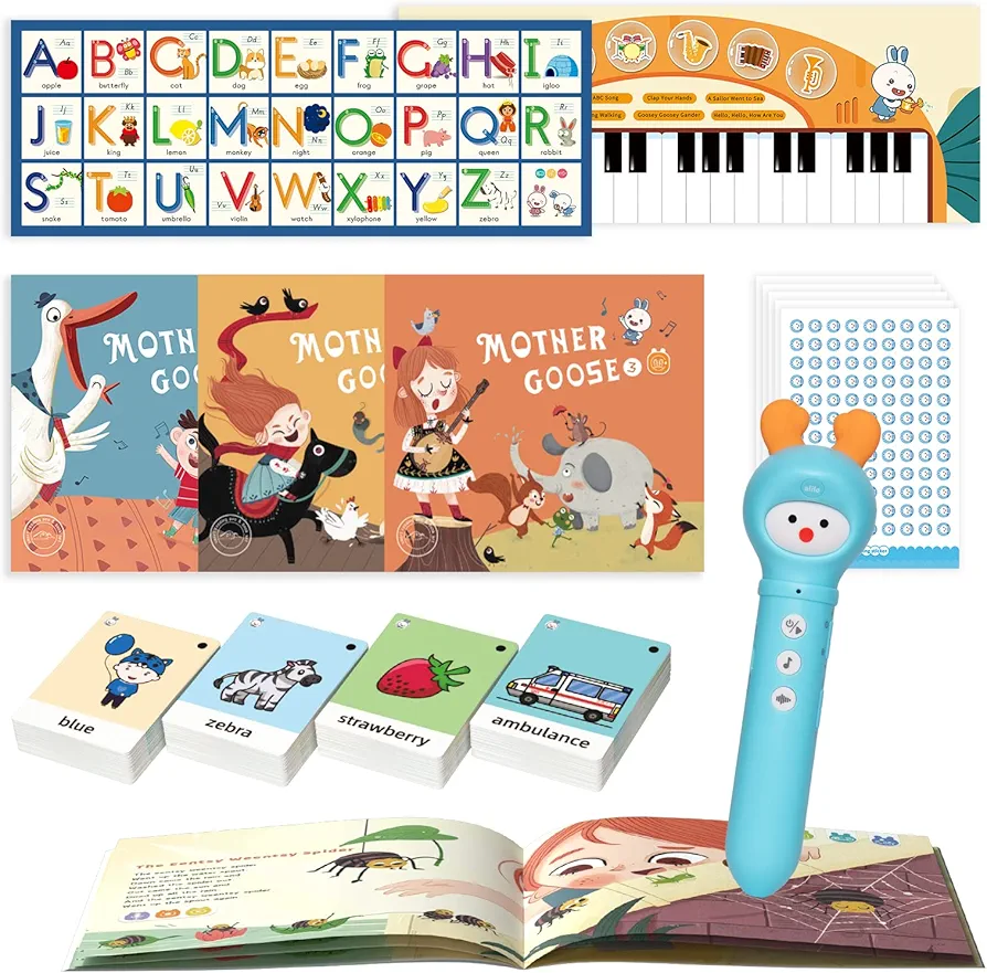 alilo Learning Educational Toys for Toddlers 2-3-4-5-6, Interactive Reading Pen Set for Kids, with 3 Learn to Read Books for Kids, 100 Talking Flash Cards, 540 Recording Stickers, Alphabet, Music Card