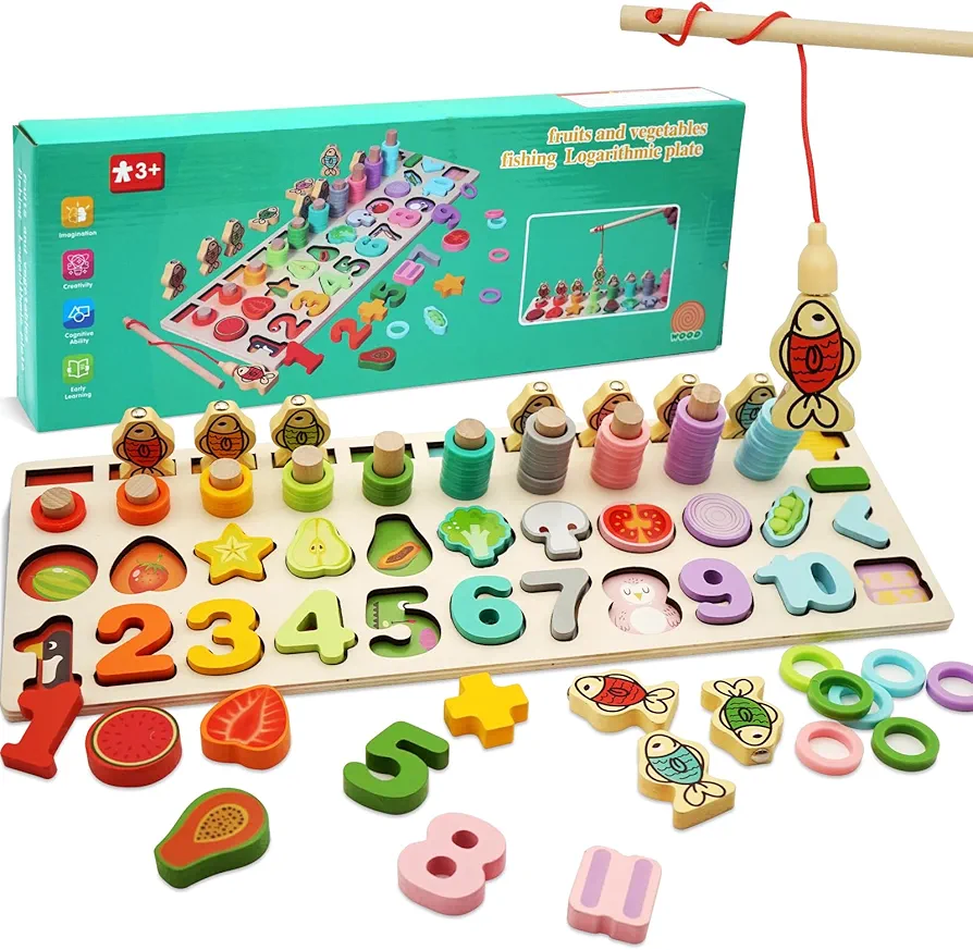 5 In 1 Montessori Educational Toys for Kids,Wooden Number Puzzle Set for 3 4 5 Year Old Baby, Counting Game Toys for Boys Girls, Puzzle Development Learning Toys Magnetic Fishing Game for Toddler 1-3