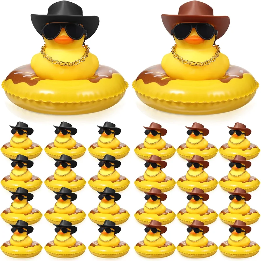 Sumind 24 Pieces Mini Rubber Ducks Baby Shower Tiny Duckies Cowboy Rubber Duck Bulk with Hat Swimming Ring Necklace Sunglasses for Bathtub Shower Car Dashboard Decorations Party Favors(Black, Brown)