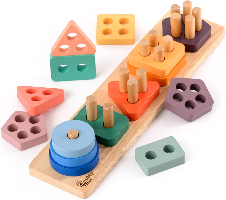 nutty toys Montessori Wooden Sorting & Stacking Toy - Top Learning Puzzle for 1-3 Year Olds - Shape & Color Recognition, Fine Motor Skills Development - Best Baby & Toddler Stocking Stuffer Gift 2024