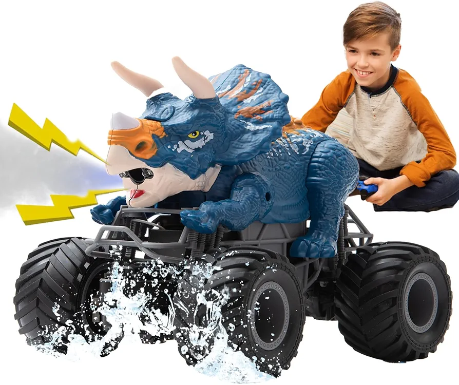 Remote Control Dinosaur Car Toy, Hobby RC Monster Truck Toys, RC Rechargeable Dino Toys with Music Lights Spray, 2.4GHz All Terrain Electric Toys for Kids aged 3 4 5-7 8-12 Year Old Boys and girls