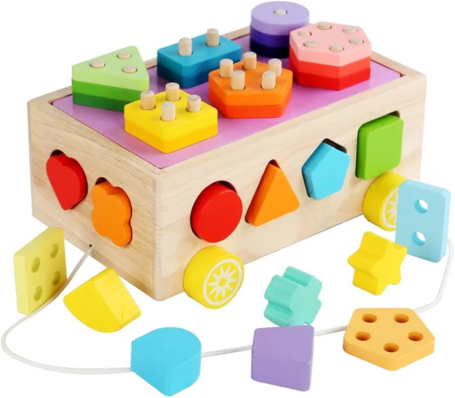 Wooden Block Montessori Car Toys - Color Shape Sorting Stacking Toy for 1 2 3 4 Years Old Baby Boys Girls Learning Wood Toy Preschool Educational Activity Game Stocking Stuffer for Kids