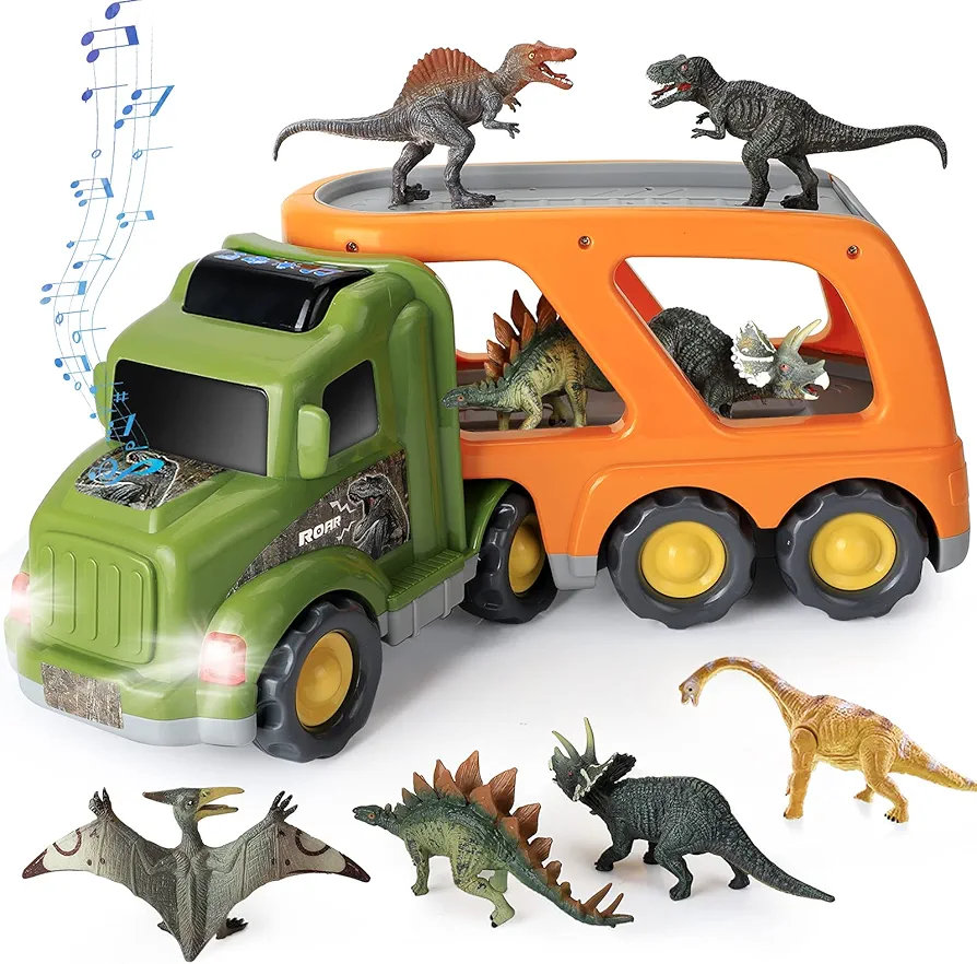 Jiffi Toy Dinosaur for 2 3 4 Years Old Boys and Girls, Car Transport Truck with Sound and Light, 6 Pack of 5'' Dinosaur Toys, Educational Realistic Dinosaur Play Set