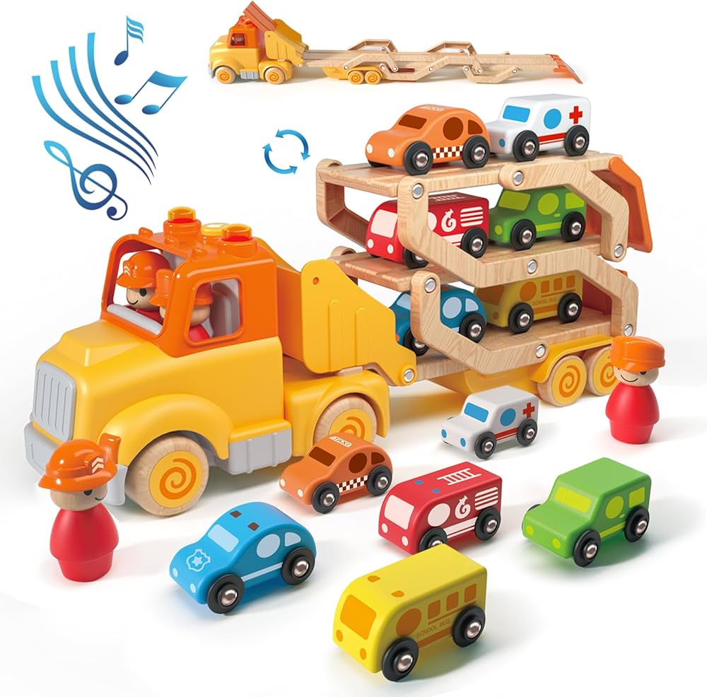 Toddler Toys for 2 3 4 5 Years Old Kids, Transport Car Carrier Truck Toy with 6 Wooden Vehicle, 30in Foldable Track Trailer with Light & Sound Effects, Best Gift Choice for Christmas, Birthday