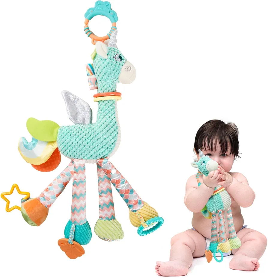 Koty Unicorn Hanging Toys, Plush Baby Rattles Crinkle Squeaky Toys, Car Seat Stroller Hanging Toys for 0 3 6 9 12 Months,Montessori Sensory Learning Toys Gift for Newborn Infant (Green)