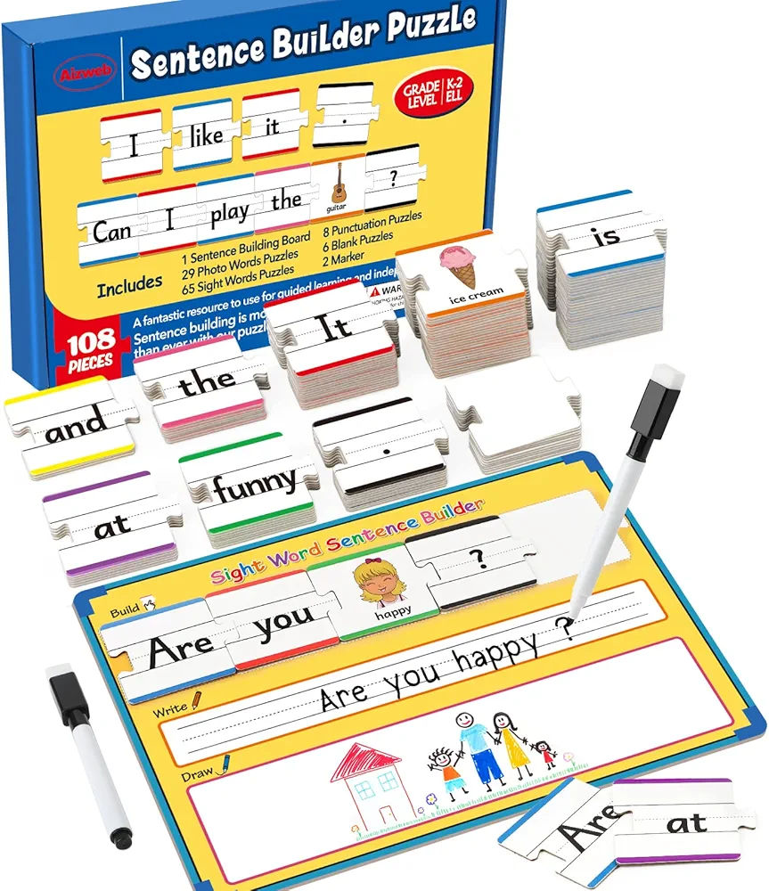 Sentence Building,Sight Word Games for Kindergarten 1st 2nd Grade Classroom Must Haves,Montessori Phonics Reading Learning Games,Speech Therapy Special Education Manipulative Toy for Teacher