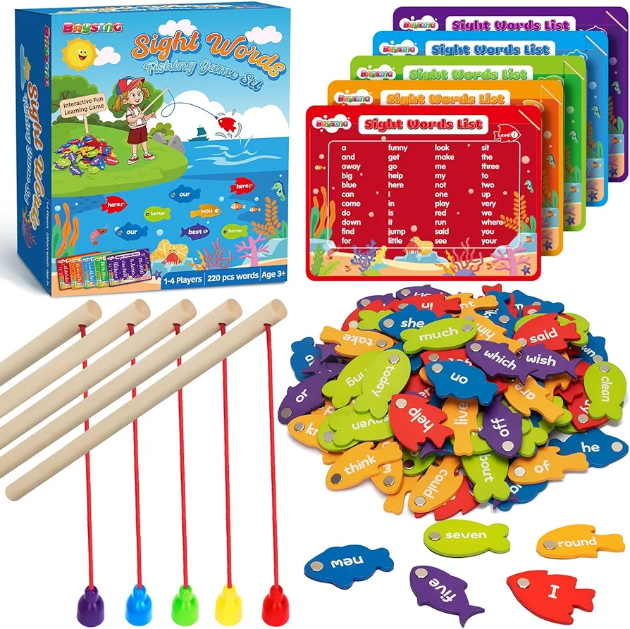 Wooden Magnetic Sight Word Fishing Game for Toddlers, Alphabet Fish Catching Games Puzzle with Letters, Homeschool Sight Word Educational Toy for Age of 3,4,5,6 Year Old Kids, Boys & Girls