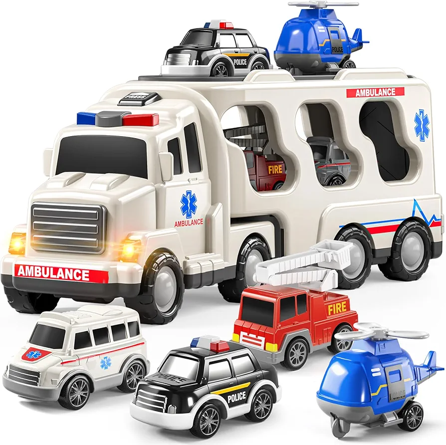 TEMI 5 Pack Emergency Rescue Vehicle Toddler Truck Toys for 3 4 5 6 Year Old Boys, Friction Power Cars with Rescue Helicopter, Police Car, Fire Truck, Ambulance Car, Birthday Gifts for Girls Age 3-9