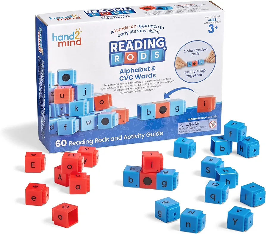 hand2mind Reading Rods Alphabet & CVC Words, Word Building Activities, Letter Blocks, CVC Words for Kindergarten, Spelling Toys, Reading Tools for Kids, Science of Reading Manipulatives