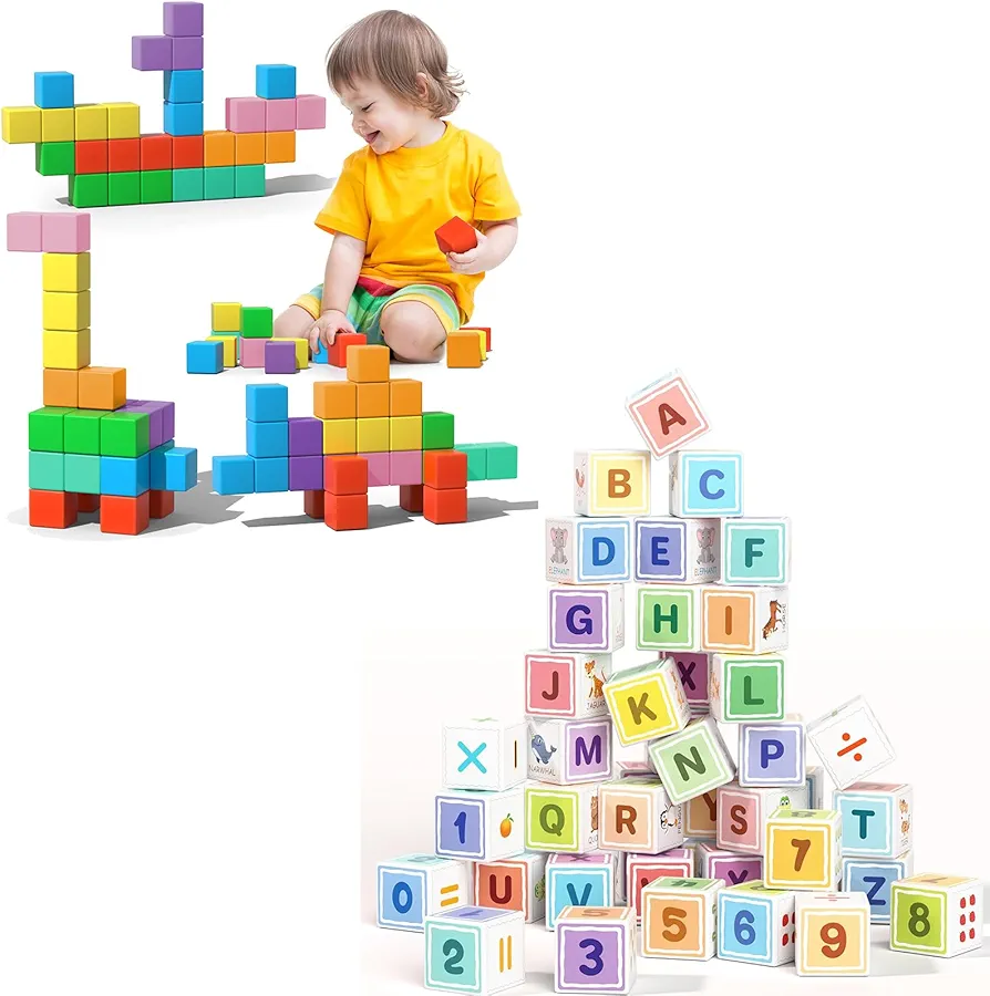 ABC 123 Building Blocks for Toddler, Magnetic Cube Sensory Toys, Preschool Learning Alphabet & Number & Animals & Math & Counting & Letter Recognition, Education Toy for Kids Age 1-3 3-5