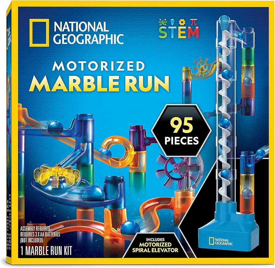 NATIONAL GEOGRAPHIC Marble Run with Motorized Elevator - 95-Piece Marble Maze Kit with Motorized Spiral Lift, 20 Marbles, Storage Bag & More, Perpetual Motion Machine, Marble Game, Kids Physics Toys