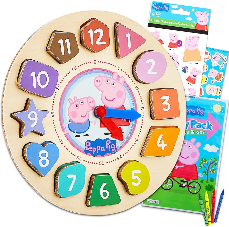 Peppa Pig Clock Puzzle Shape Sorting Game for Toddlers, Kids ~ 5 Pc Learning Toy Bundle with Peppa Wooden Clock, 3 Flash Card Packs, and More (Peppa Pig Wooden Toys)