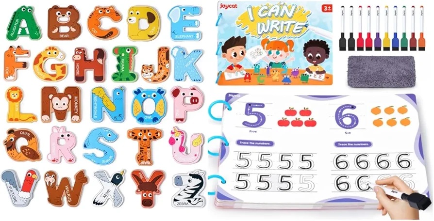 Preschool Learning Activities 48 Reusable Pages, Handwriting Practice for Kids Toddlers + Magnetic Letters, Alphabet ABC Fridge Magnets for Toddlers & Kids, 26 Uppercase Refrigerator Magnets