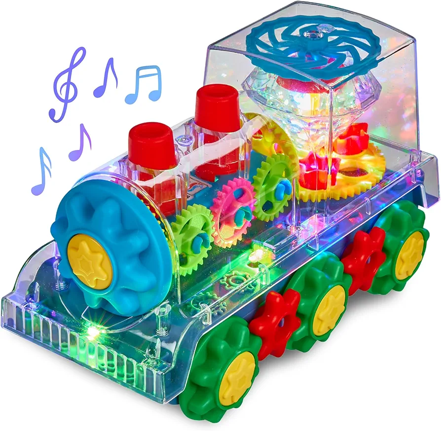 Light Up Train Toy for Toddlers - Transparent Gear Car Toys for Kids - Early Music Educational Crawling Toys - Flashing Lights and Battery Operated - Birthday for Boys & Girls