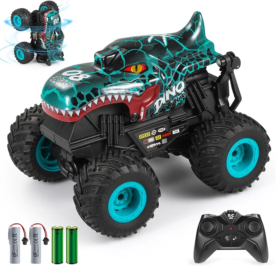 Remote Control Car, 2.4Ghz All Terrain Dinosaur Monster Truck Toys, RC Truck with Music, 3 Lighting Effects, 360 Stunt Capable, All included Ready to Run, Toy Gifts for Boys and Girls (Cyan)