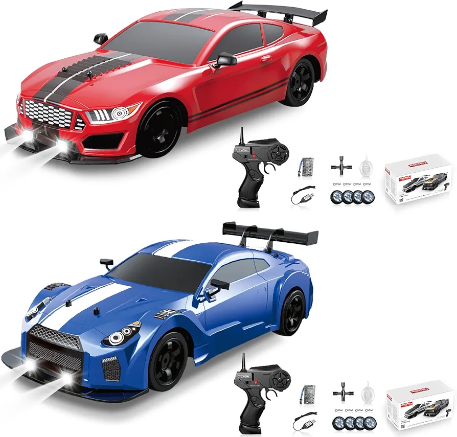 2PCS RC Drift Cars 2.4GHz 1:16 Scale 4WD High Speed Remote Control Cars with LED Lights Battery and Drifting Tires Racing Sport Toy Cars for Adults Boys Girls Kids Gift