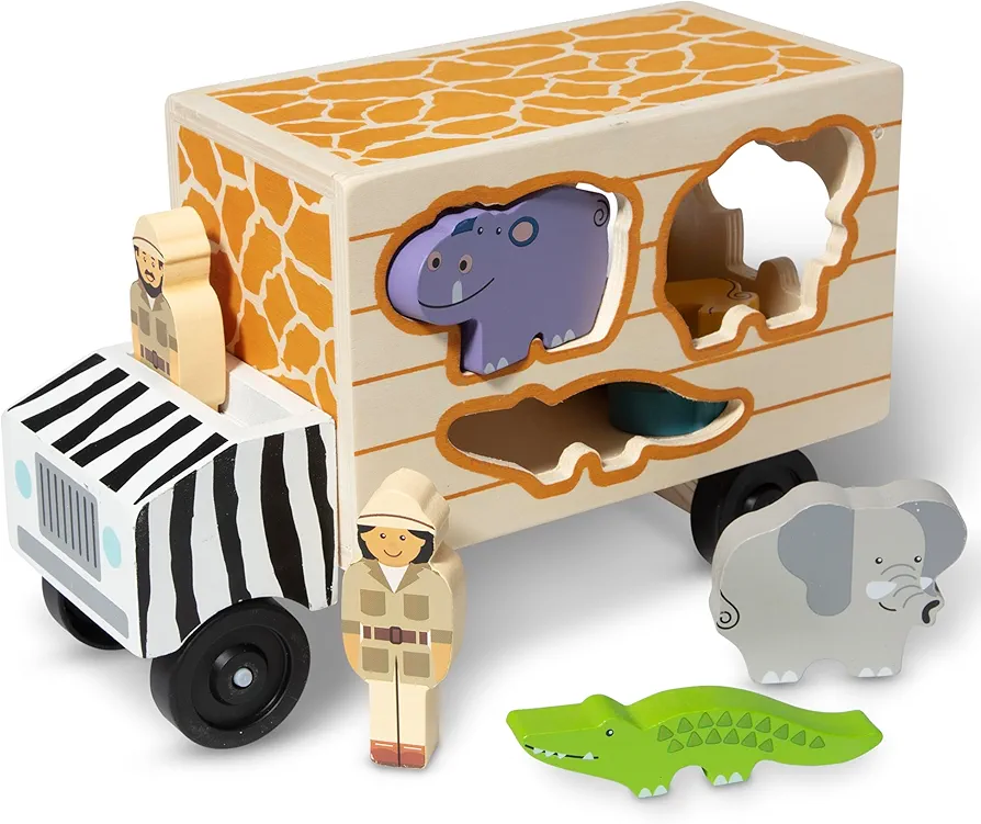 Melissa & Doug Animal Rescue Shape-Sorting Truck - Wooden Toy With 7 Animals and 2 Play Figures -Vehicle Toys For Toddlers