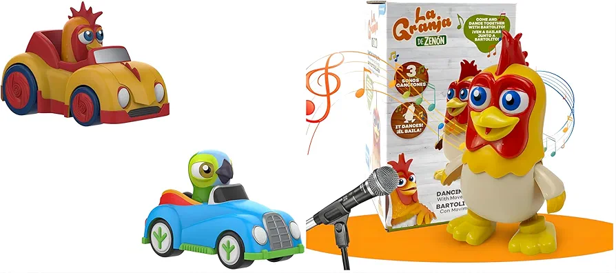 TOYMAKER La Granja De Zenon Kids Car Bartolito Chicken Toys Push and Go Cars Toys Lorito Pepe Bird Toys Friction Powered Inertia Cars and Bartolito Chicken Baby Toys Dancing Toddlers Toys