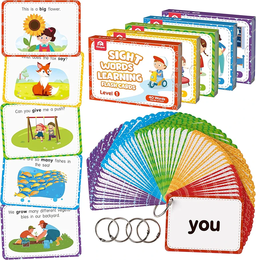 Coogam Sight Words Educational Flashcards - 220 Dolch Sightwords Game with Pictures & Sentences,Literacy Learning Reading Cards Toy for Kindergarten,Home School Kids 3 4 5 Years Old