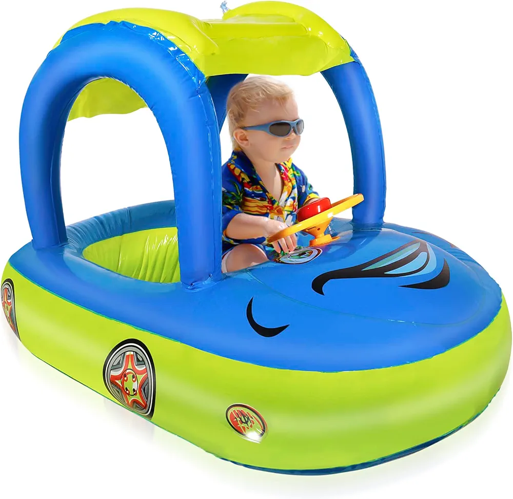 Baby Pool Float with UPF 50+ Canopy,Car Shaped Babies Swim Float Boat for Toddler Infant Swim Ring Pool Spring Floaties Summer Beach Outdoor Play