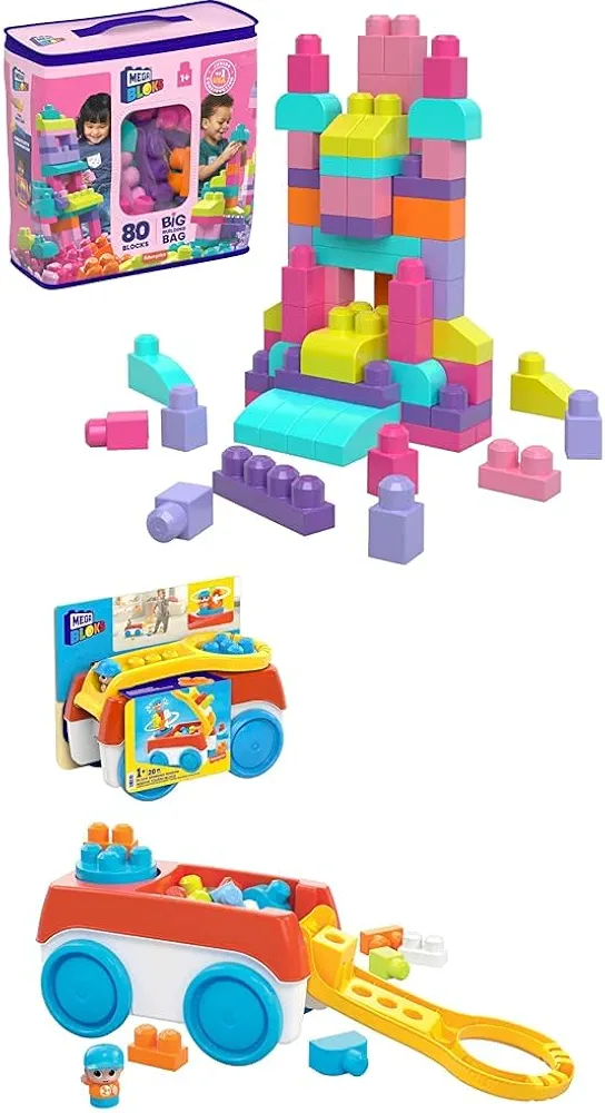 Bundle of MEGA BLOKS Fisher-Price Toddler Block Toys, Big Building Bag with 80 Pieces and Storage Bag, Pink + Toddler Building Toy, Block Spinning Wagon with 20 Pieces and Storage, 1 Figure