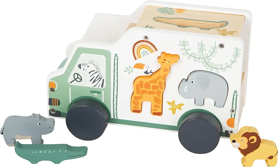 Safari Truck Shape Sorter by Small Foot – 2-in-1 Wooden Car & Puzzle - 6 Piece Sorting Game with Jungle Animals – Playset Teaches Concentration & Motor Skills – Ages 12+ Months