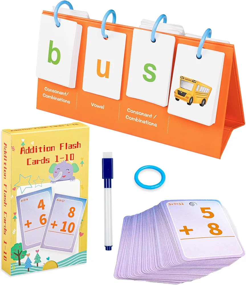 CVC Word Games Phonics Flash Cards， Math Addition Flash Cards for Kids Ages， Education Reading Spelling and Math Homeschool Practice Materials for Boys Girls 1st,2nd,3rd,4th Grade