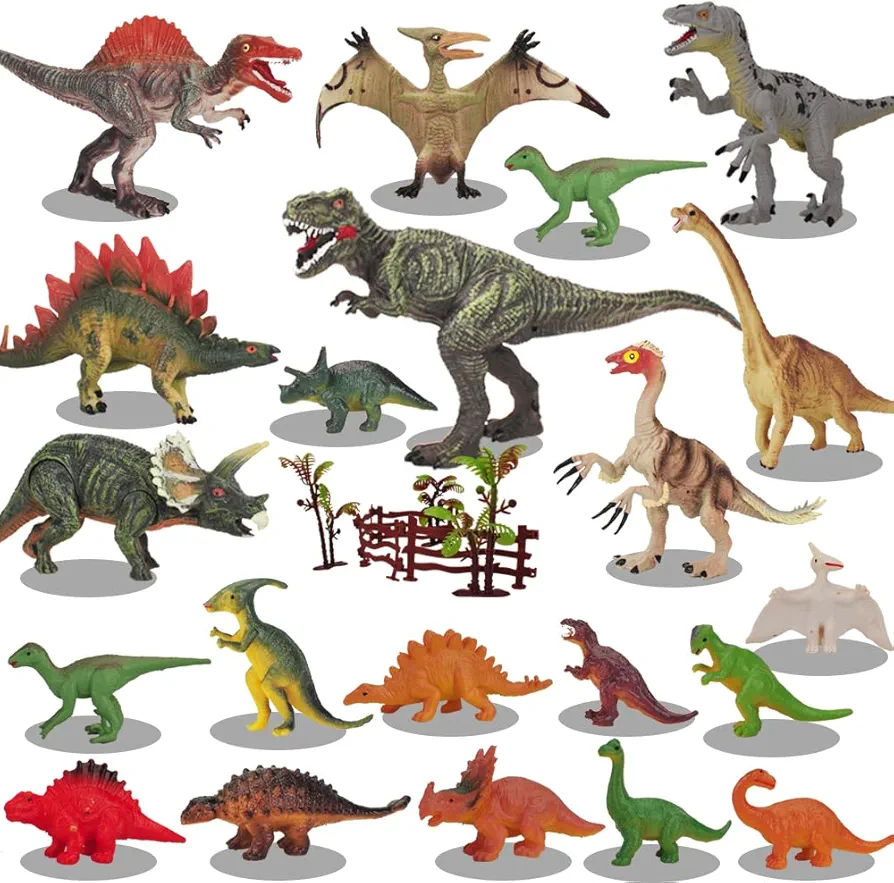 27 Pack: Realistic Dinosaur Toy Figures Set, 3-7 Inch,Plastic Dinosaur Figure Set Including T-Rex, Stegosaurus, Triceratops,Pterosaur for Kids Toddler Dinosaur Birthday Party Favors，Boys & Girls