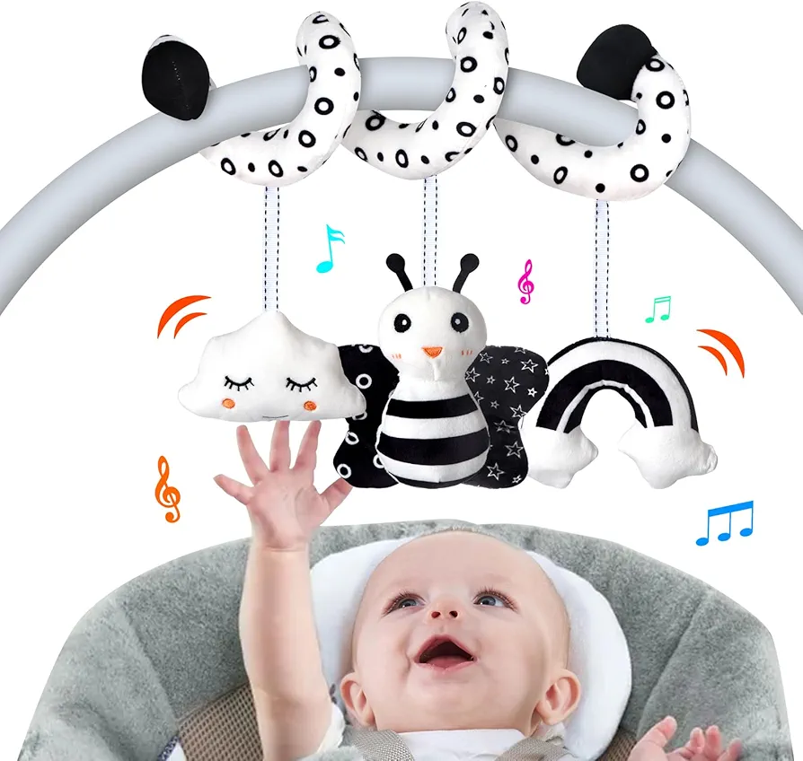 Car Seat Toys, Infant Baby Spiral Activity Hanging Toys Stroller Toys for Car Seat Stroller Bar Crib Bassinet Mobile with BB Squeaker and Rattles (Bee)