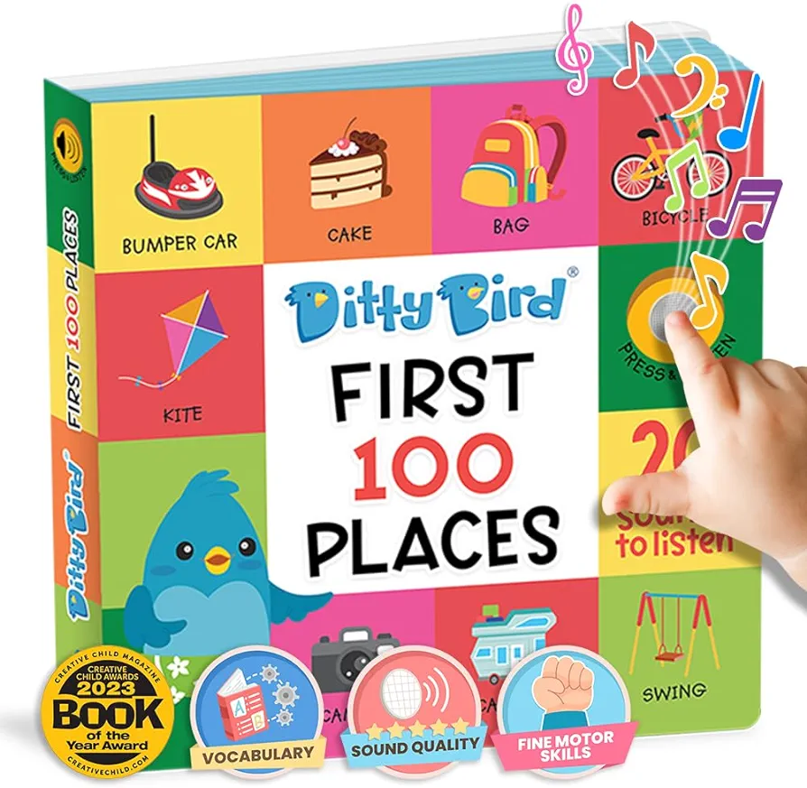 Ditty Bird Talking Books 100 Places | 100 Words for Vocabulary & Speech Learning | Sound Books for Toddlers 1-3 | Children's Interactive Toddler Books with Great Pictures | Sturdy Baby Sound Books