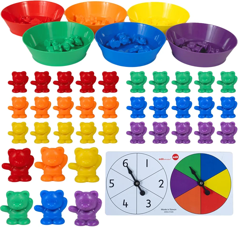 edxeducation Counting Bears with Matching Bowls - Early Math Manipulatives - 68pc Set - 60 Bear Counters, 6 Bowls & 2 Game Spinners - Home Learning