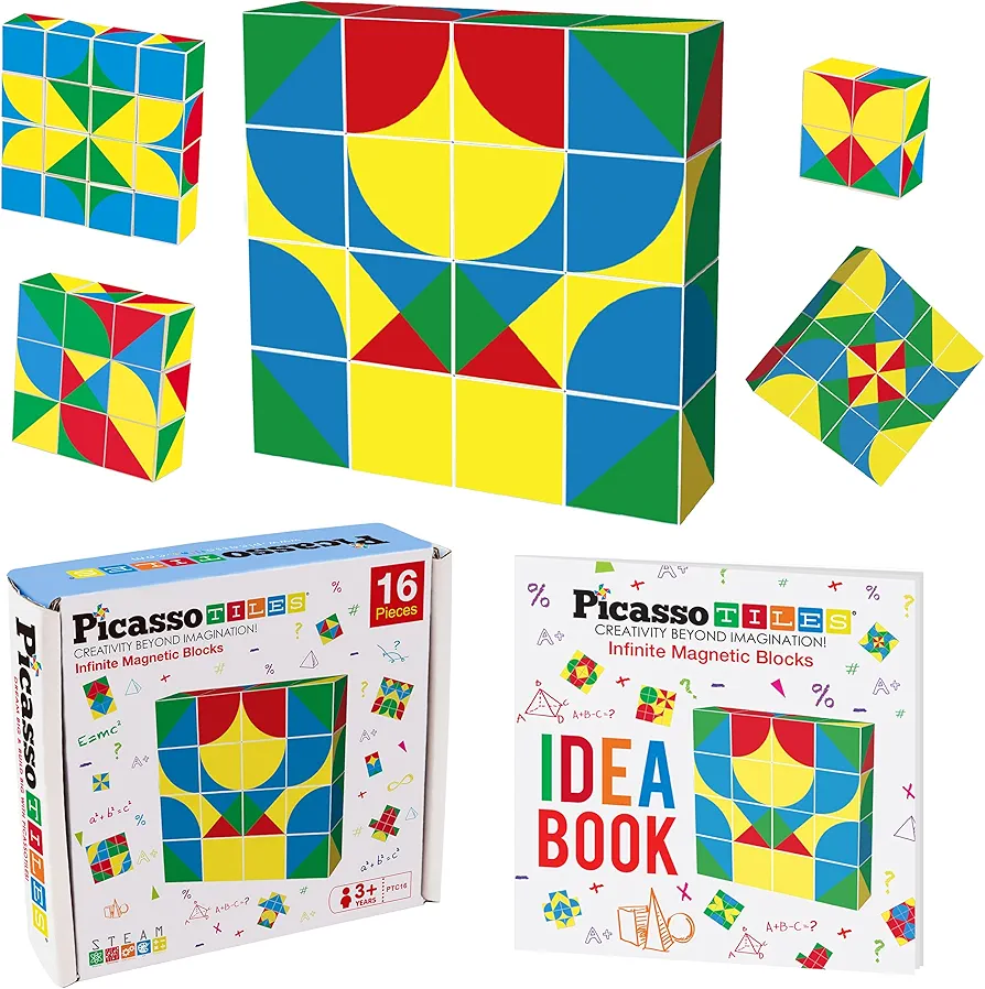 PicassoTiles 16 Pc 1" Infinite Magnetic Puzzle Game Magic Pixy Cube Puzzles Brain Teaser Set w/Free Ideabook Kids Toy Magnet Pattern Block Matching Card Challenge Toys Inspiration STEM Learning PTC16