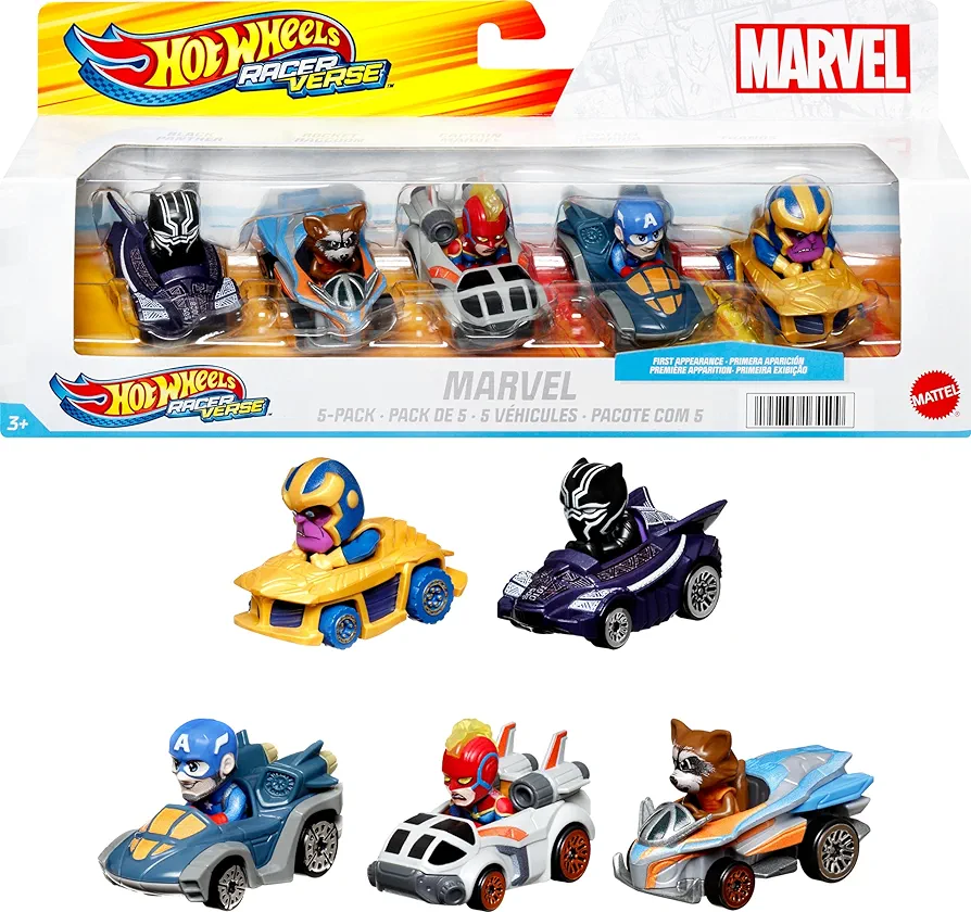 Hot Wheels Marvel RacerVerse 5-Pack of Die-Cast 1:64 Scale Toy Cars with Character Drivers, Use On or Off Hot Wheels Track