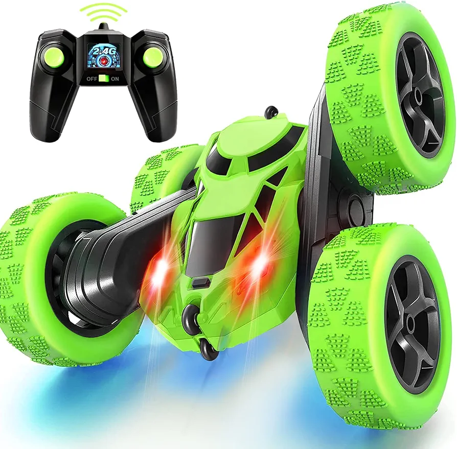 Remote Control Car Stunt RC Cars, 90 Min Playtime, 2.4Ghz Double Sided 360° Rotating RC Crawler with Headlights, 4WD Off Road Drift RC Race Car Toy for Boys and Girls Aged 6-12 Green