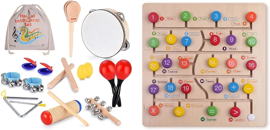 Boxiki Musical Instruments and Montessori Learning Bundle for Kids - Wooden Toys for Creative Expression and Early Education