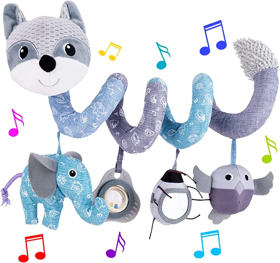 Car Seat Toys, Infant Baby Spiral Activity Hanging Toys for Car Seat Stroller Crib Bassinet Mobile with Music Box BB Squeaker Rattles-Gray Fox