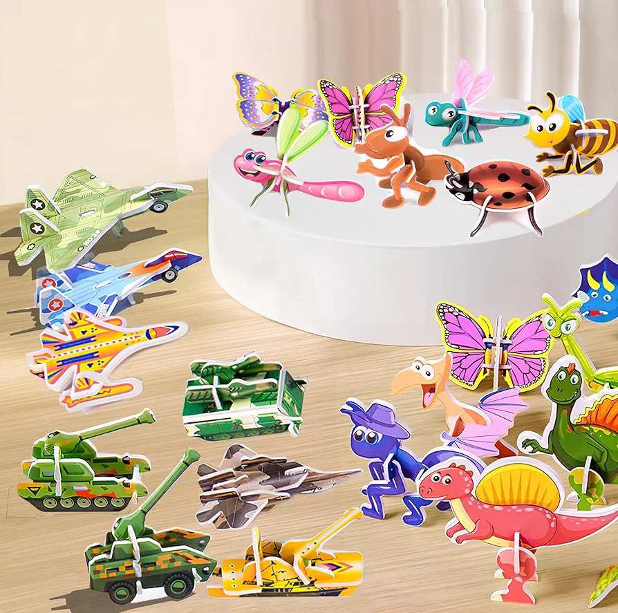 Educational 3D Cartoon Puzzle,50pcs 3D Puzzles for Kids,DIY 3-d Cartoon Animal Jigsaw Puzzles Education Toys for Toddler Kids,Gifts Idea for Boys & Girls (airplane, insect)