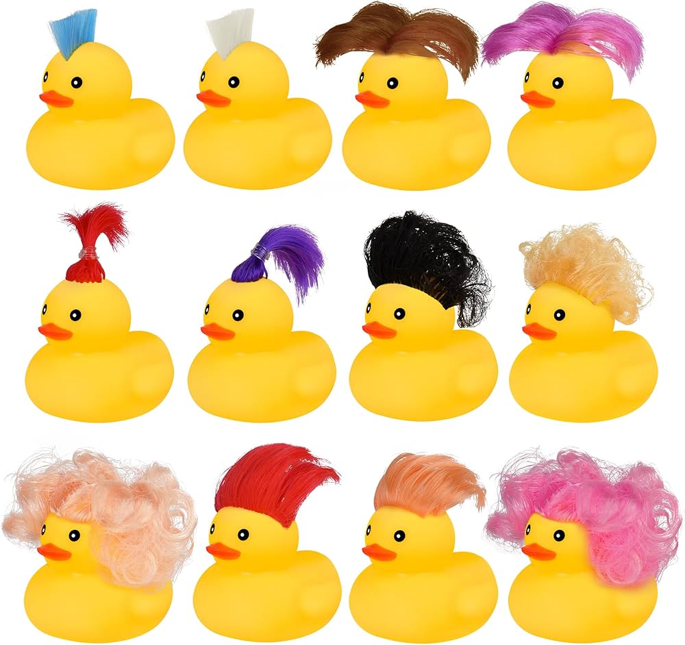 Wig Rubber Ducks Bath Toys for Kids Toddlers Boys Girls Gifts, 12 PCS Yellow Mini Rubber Duckies Cruise Ducks Bathtub Toys Shower Toys for Baby Showers, Birthday Party, Cake, Car Decoration