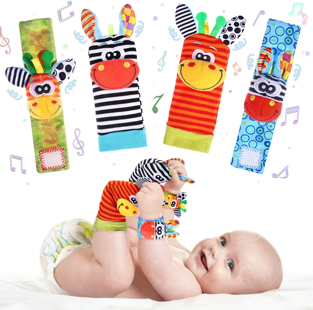 Wrist Rattle Foot Finder Socks Set for Baby Arm Hand Bracelet Rattle Feet Leg Ankle Socks Newborn Soft Sensory Toys Baby Socks Newborn Rattles Toys Baby Gifts 0-3 6-12 Months Infant Girl Boy