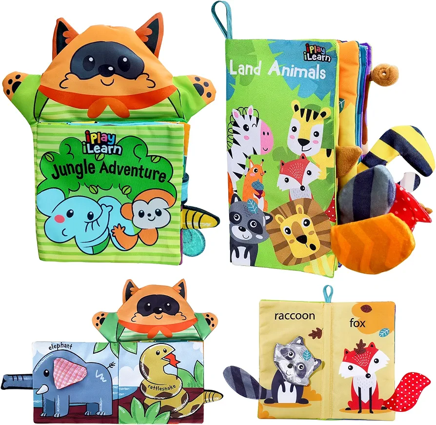 iPlay, iLearn Baby Cloth Books 6-12 Month, Infant Touch Feel Crinkle Fabric Animal Book, Newborn Carseat Crib Soft Toy, Babies First Birthday Gifts 9 18 24 Month 1 2 Year Toddler Boy Girl