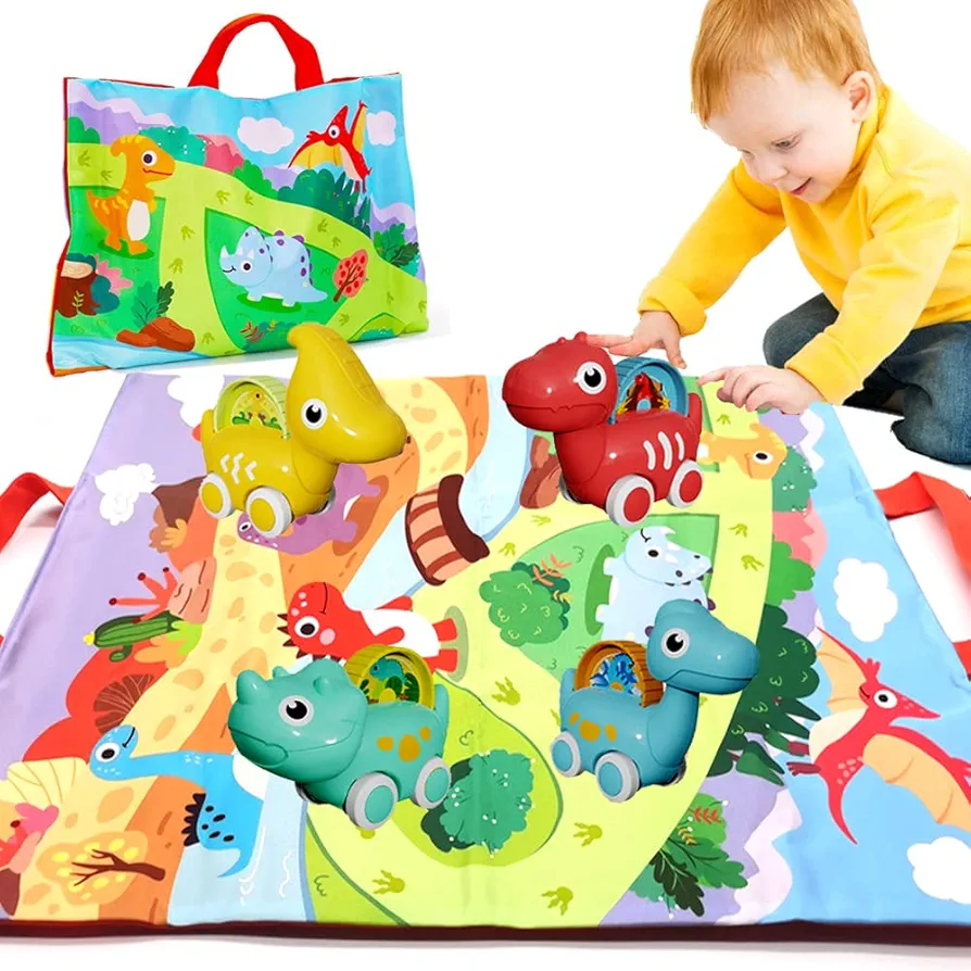 Cute Dinosaur Cars Toys with Play Mat Storage Bag for Infant Babies, 4 Dino Vehicle Early Educational Infant Toys, Birthday Gift for Toddler 1 Year Old Boys Girls