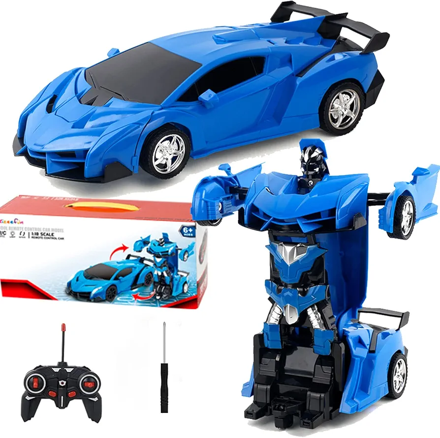 Kizeefun Transformable Remote Control Car: RC Car Toy for Boys and Girls with Flashing Lights and 360°Rotation, RC Stunt Car for Kids Included 2 Rechargeable Batteries