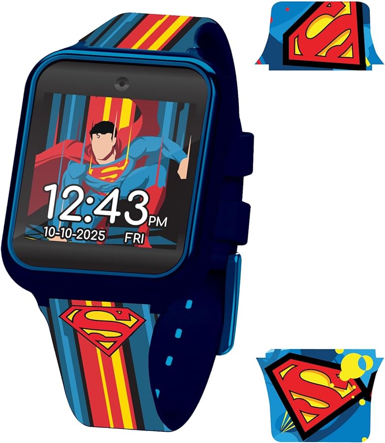 Accutime Superman Kids Red and Blue Educational Learning Touchscreen Smart Watch Toy for Girls, Boys, Toddlers - Selfie Cam, Learning Games, Alarm, Calculator, Pedometer & More (Model: SUP40033AZ)