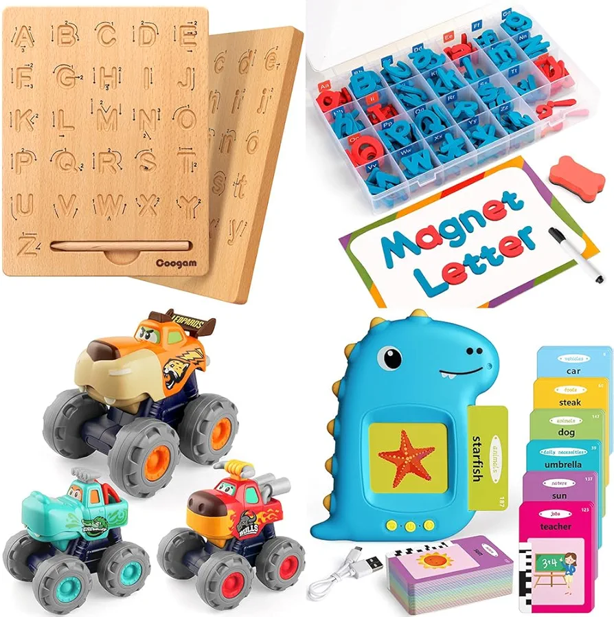 Coogam Wooden Letters Practicing Board+Magnetic Letters 208 Pcs+Friction Powered Cars 3PCS+Toddler Learning Flashcards