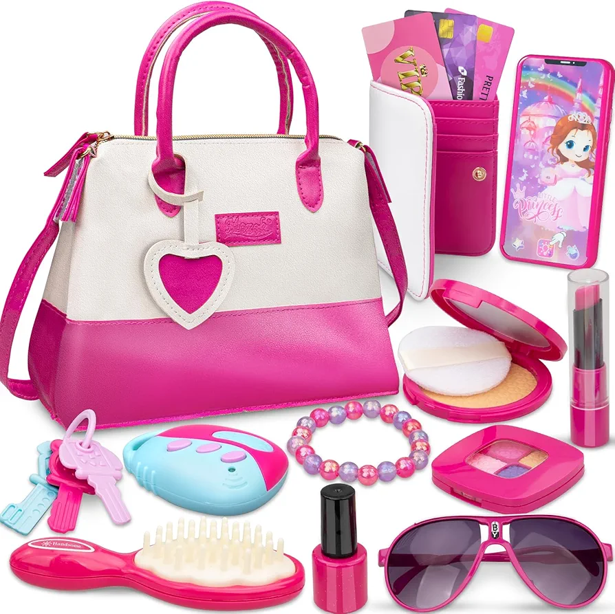 Kids Makeup Kit for Girl, 15 Pcs Princess Pretend Makeup Play Purse Set with Accessories, Kids Dress Up Purse Girl Toys for 3 4 5 6 7 8 9 10 Years Old Little Girls Toddlers Birthday Gifts