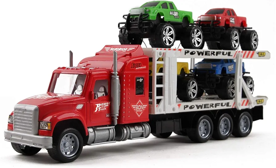 Friction Powered Toy Semi Truck Trailer 14.5" With Four Lifted Pickup Cars Kids Push And Go Big Rig Carrier 1:32 Scale Auto Transporter Semi-Truck Play Vehicle Great Gift For Children Boys Girl